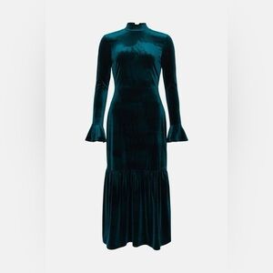Oasis Velvet Emerald Green Funnel Neck Tiered Midi Dress with Bell Sleeves Large
